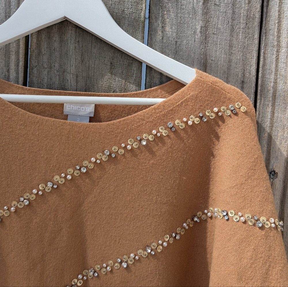 Chico's Large Tan Sweater Diagonal Beaded/Jeweled Sweater Size 2/Large/12